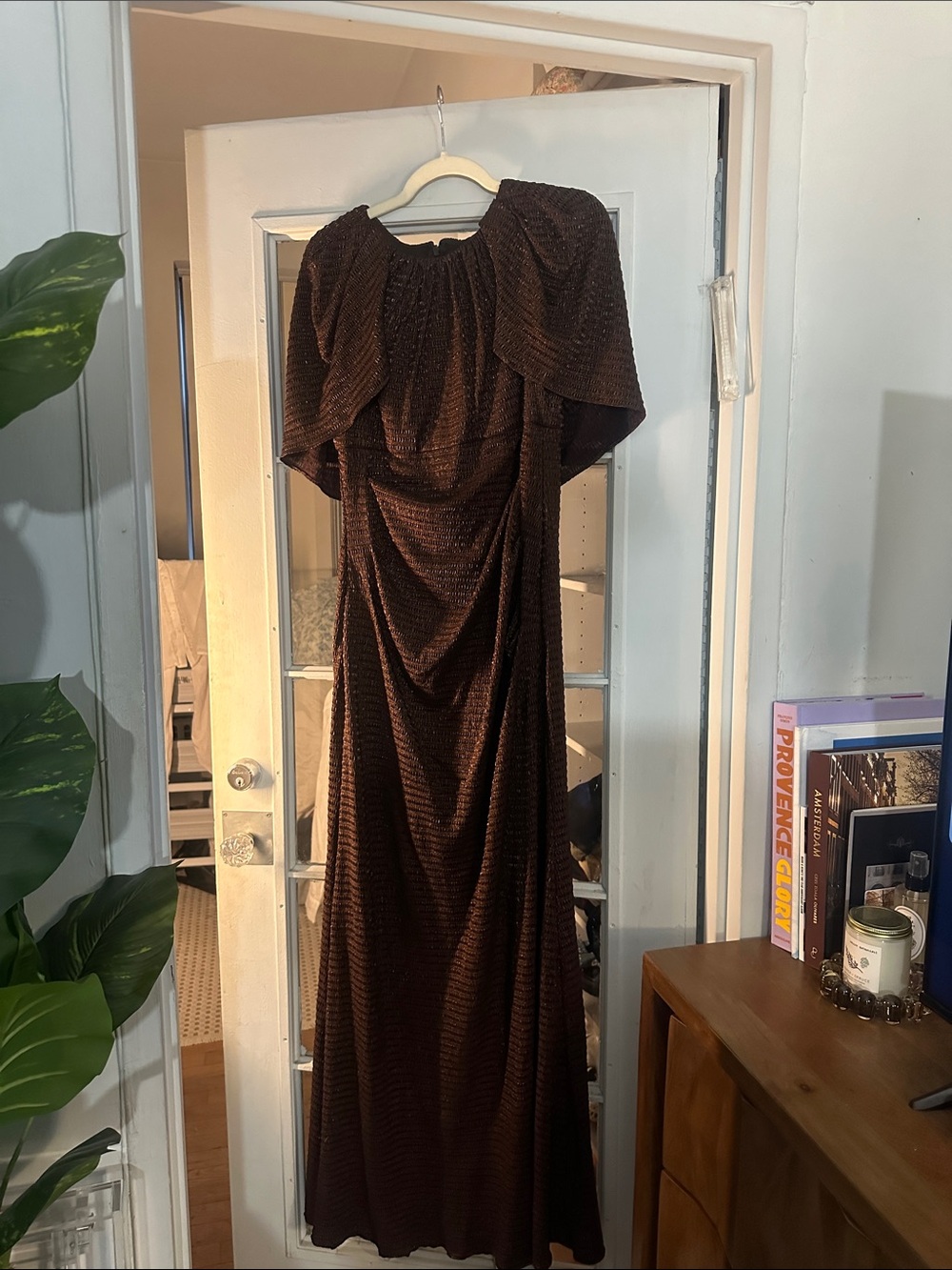 Adrianna Papell Chocolate Brown Maxi Dress with Puff Sleeves